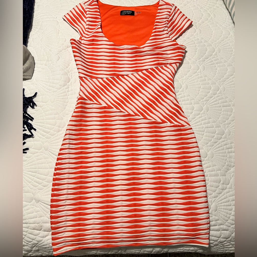 Guess Striped Orange and White Bodycon Dress